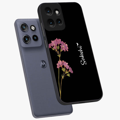 Riching Lavender Flower Custom Name Glass Case displayed in angled mockup highlighting delicate lavender flower design with custom name feature.
