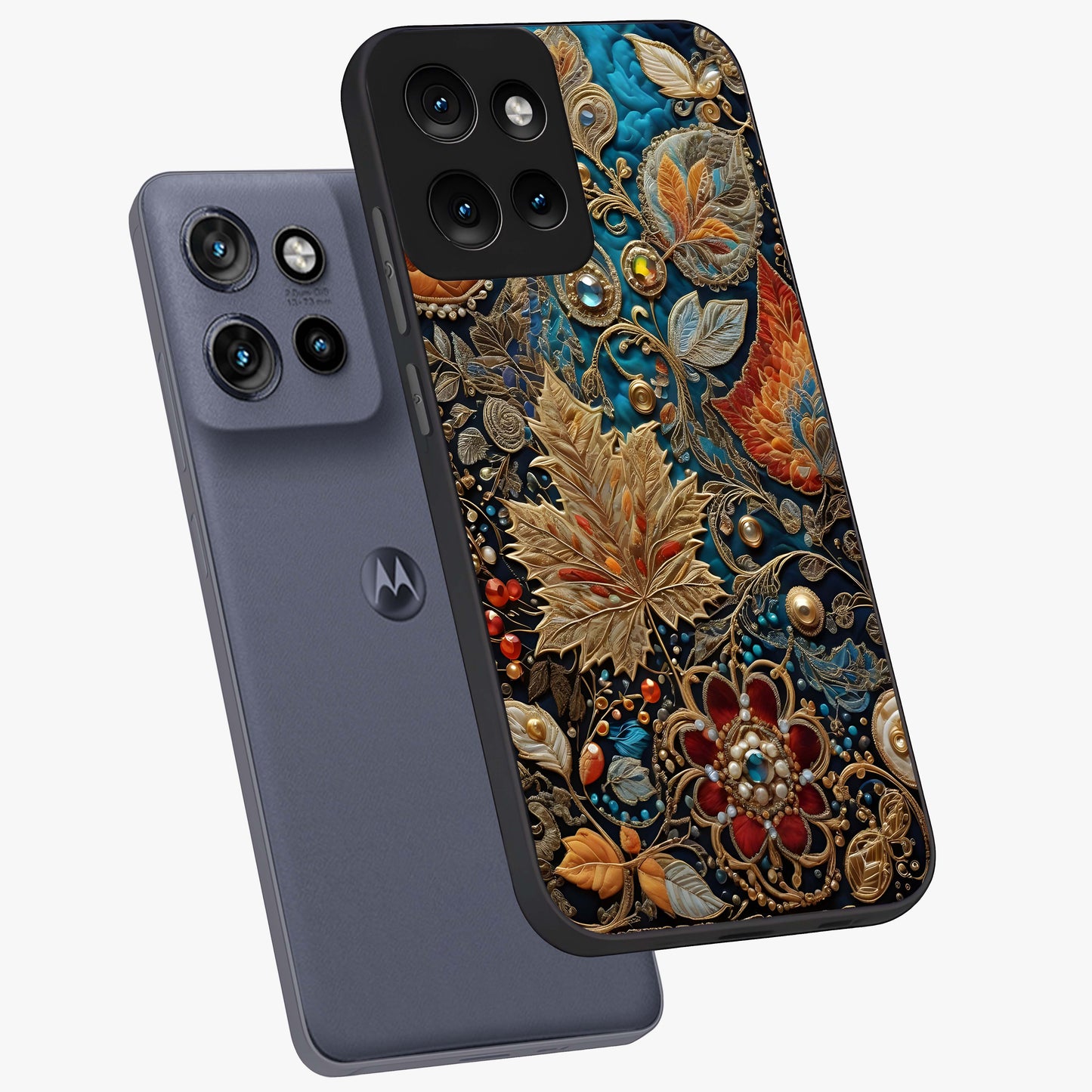 Royal Jewel Garden Glass Case displayed in angled mockup highlighting vibrant jewel inspired floral design with elegant aesthetic.