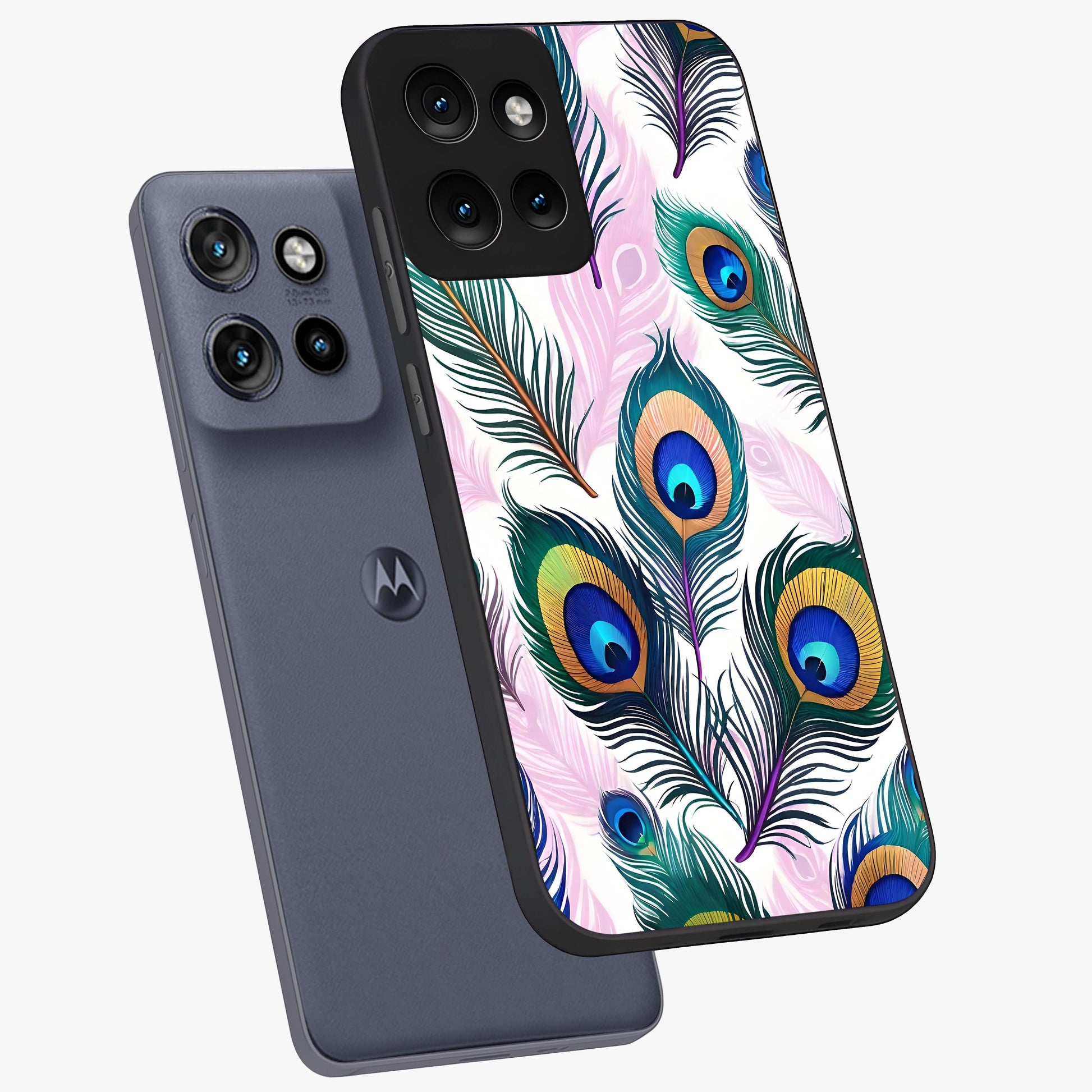 Royal Peacock Feathers Glass Case displayed in angled mockup highlighting vibrant feather pattern with regal aesthetic style.