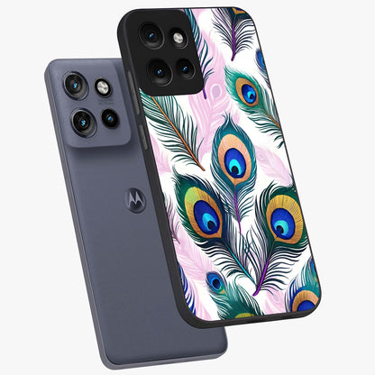 Royal Peacock Feathers Glass Case displayed in angled mockup highlighting vibrant feather pattern with regal aesthetic style.