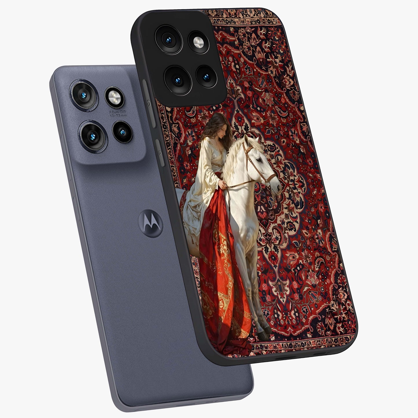 Royal Rider Tapestry Glass Case displayed in angled mockup highlighting traditional tapestry design with royal heritage aesthetic.