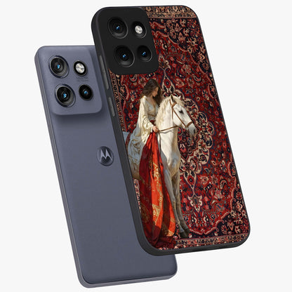 Royal Rider Tapestry Glass Case displayed in angled mockup highlighting traditional tapestry design with royal heritage aesthetic.