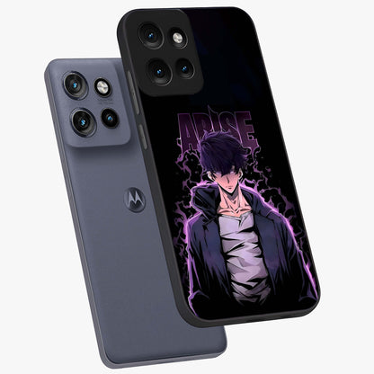 Shadow Monarch Awakening Glass Case displayed in angled mockup highlighting dramatic shadow warrior design with fantasy aesthetic.