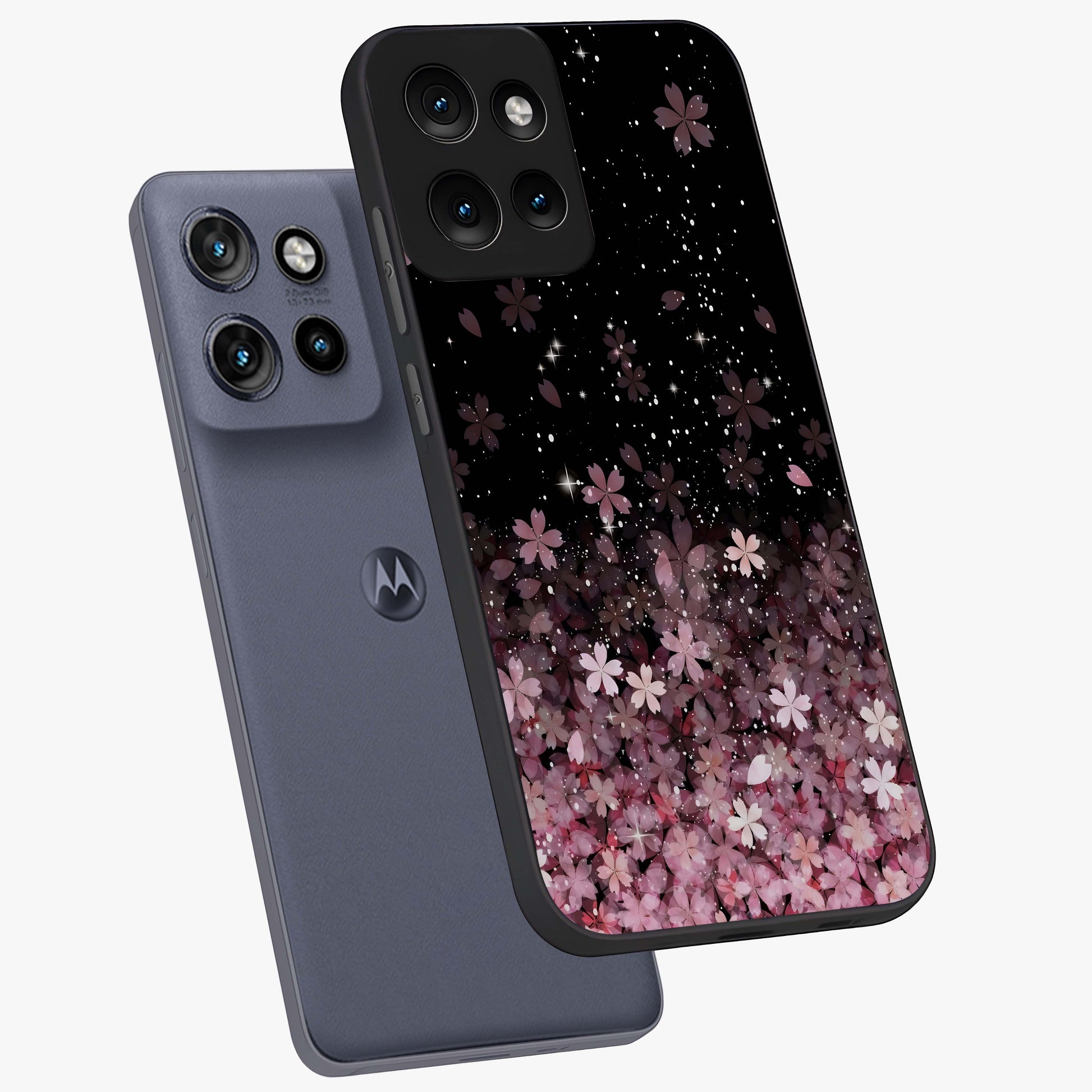 Small Starry Flowers Glass Case displayed in angled mockup highlighting tiny flower pattern with celestial aesthetic style.