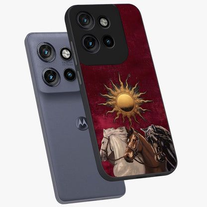 Solar Riders Glass Case displayed in angled mockup highlighting powerful rider illustration with radiant solar aesthetic.