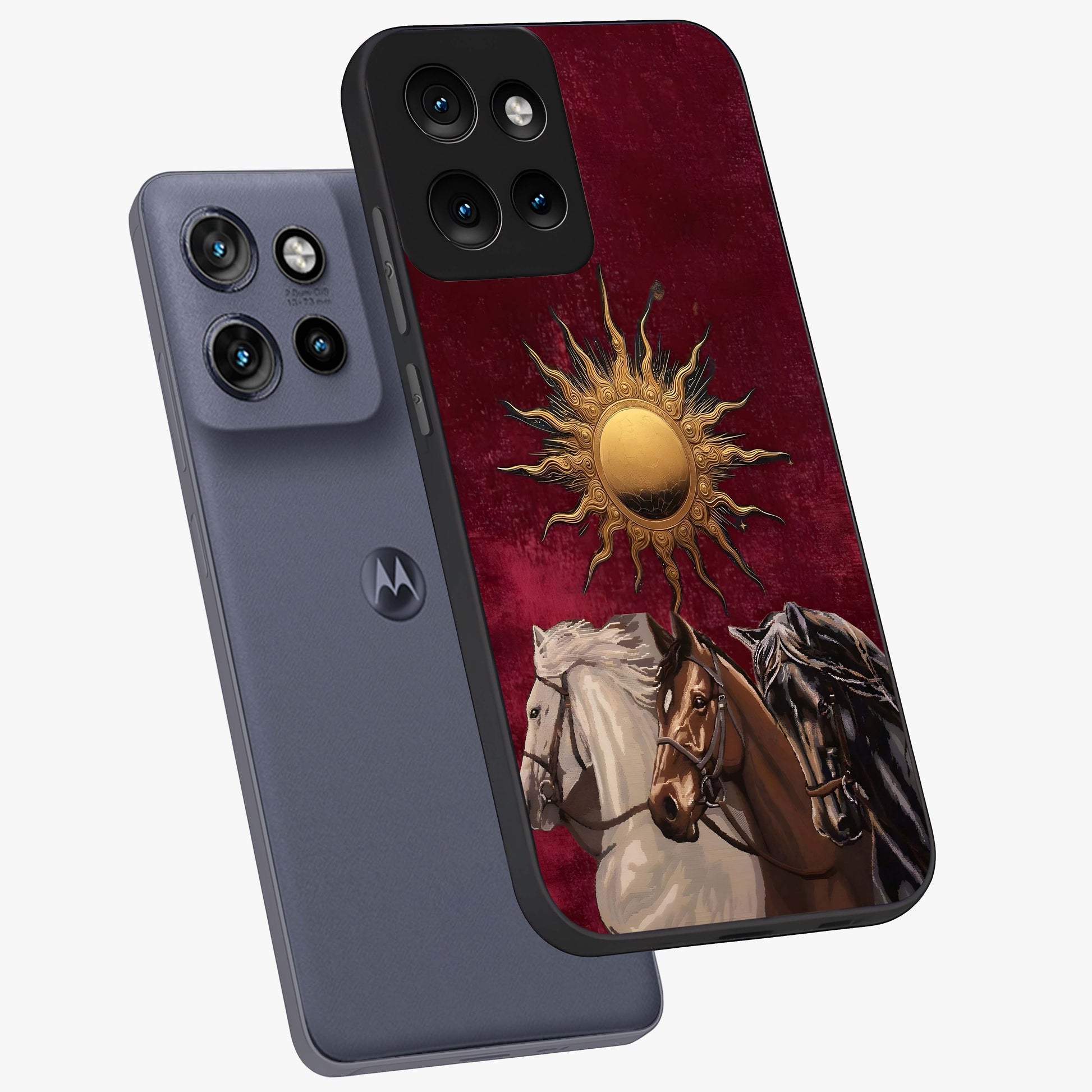 Solar Riders Glass Case displayed in angled mockup highlighting powerful rider illustration with radiant solar aesthetic.