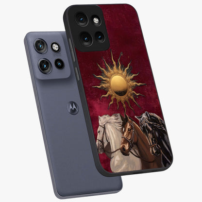 Solar Riders Glass Case displayed in angled mockup highlighting powerful rider illustration with radiant solar aesthetic.