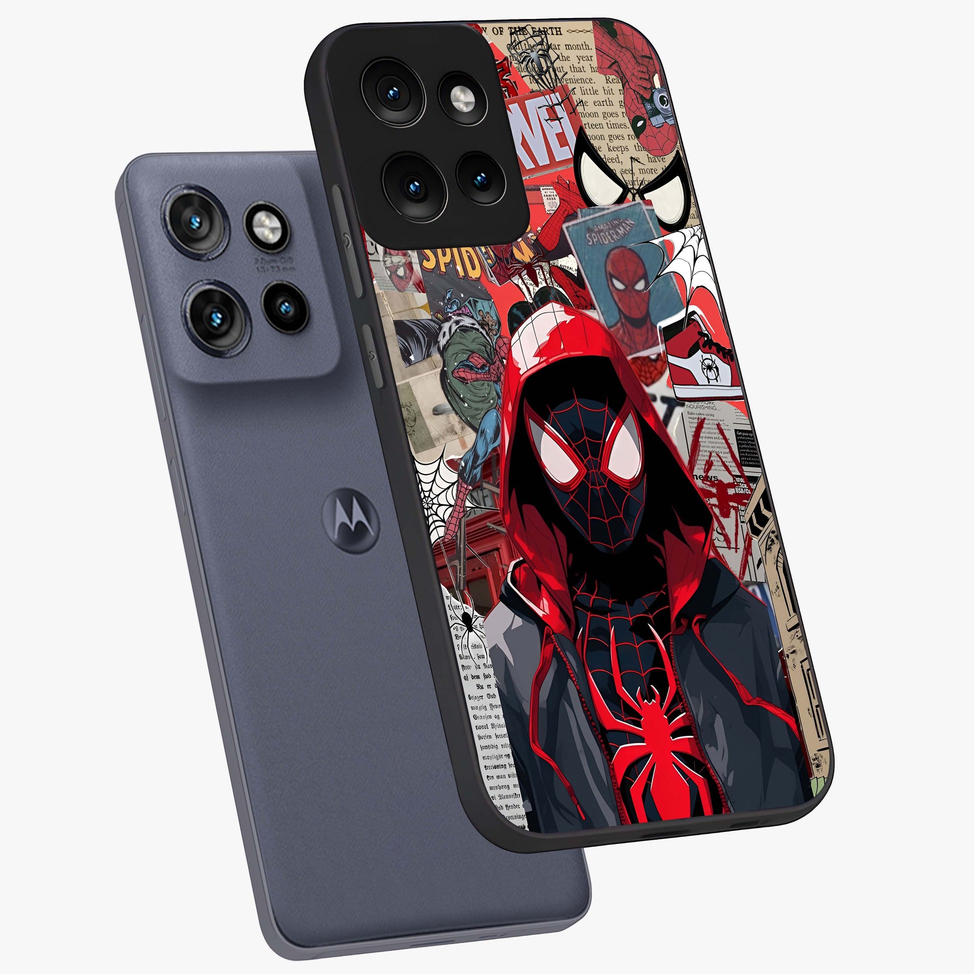 Spider Collage Street Glass Case displayed in angled mockup highlighting dynamic street style collage design with comic aesthetic.