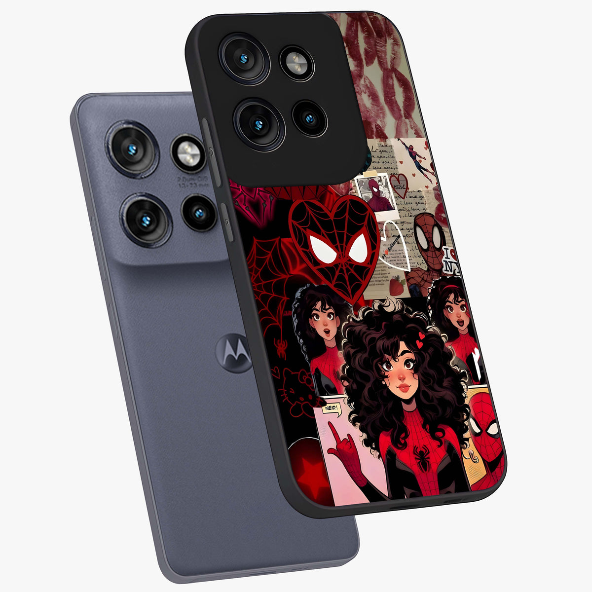 Spider Love Story Glass Case displayed in angled mockup highlighting expressive comic inspired design with playful aesthetic.