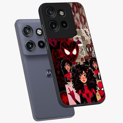Spider Love Story Glass Case displayed in angled mockup highlighting expressive comic inspired design with playful aesthetic.