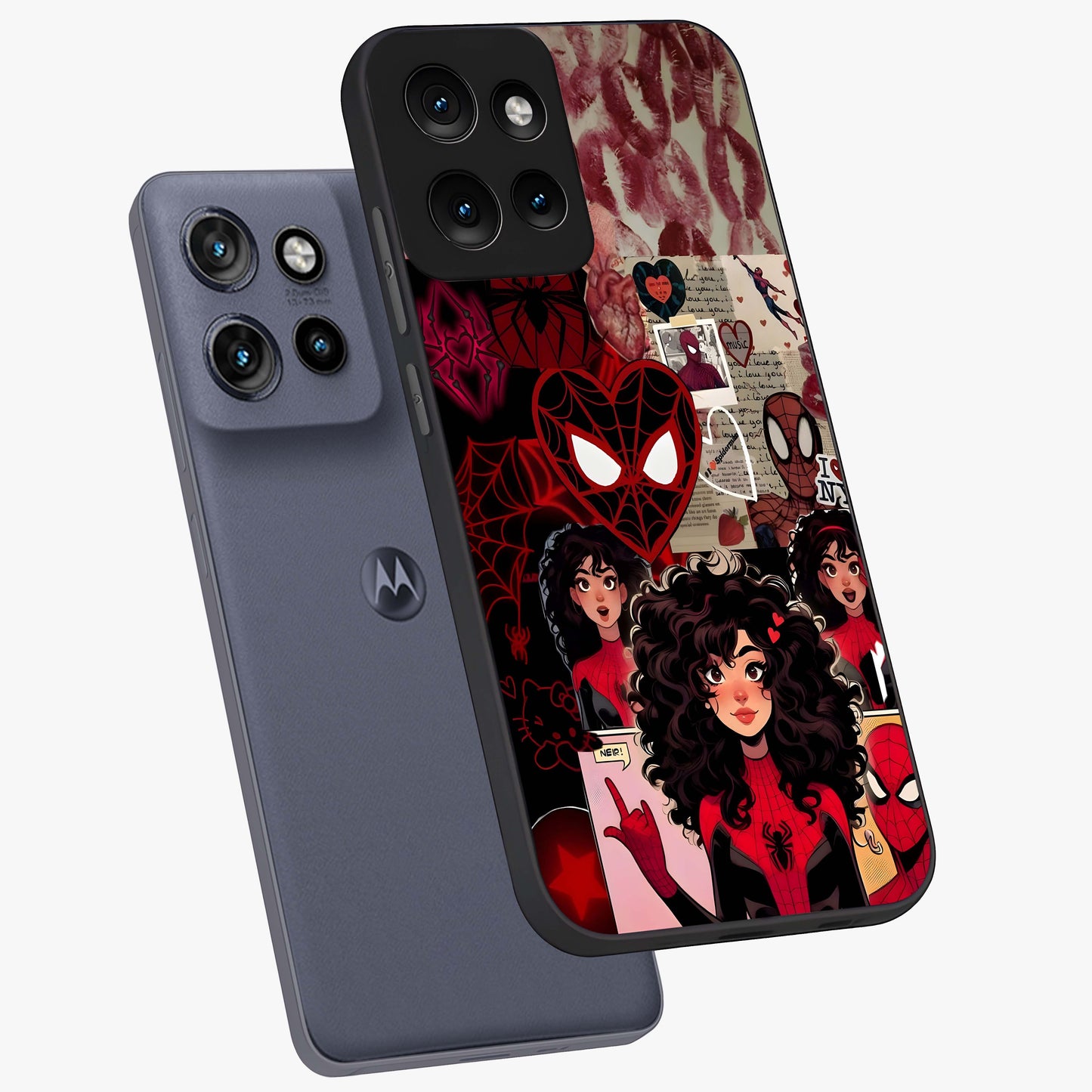 Spider Love Story Glass Case displayed in angled mockup highlighting expressive comic inspired design with playful aesthetic.