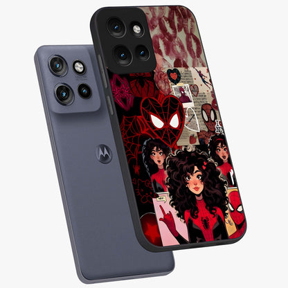 Spider Love Story Glass Case displayed in angled mockup highlighting expressive comic inspired design with playful aesthetic.