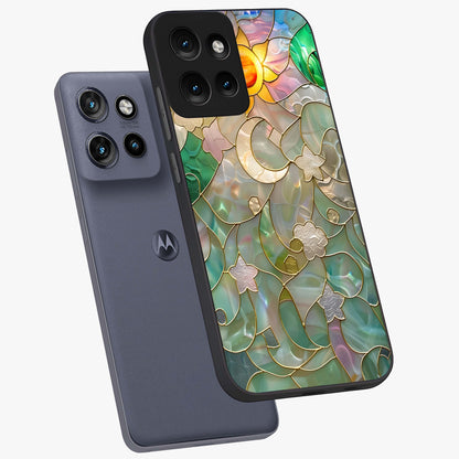 Stained Sunrise Glow Glass Case displayed in angled mockup highlighting radiant sunrise design with artistic aesthetic style.