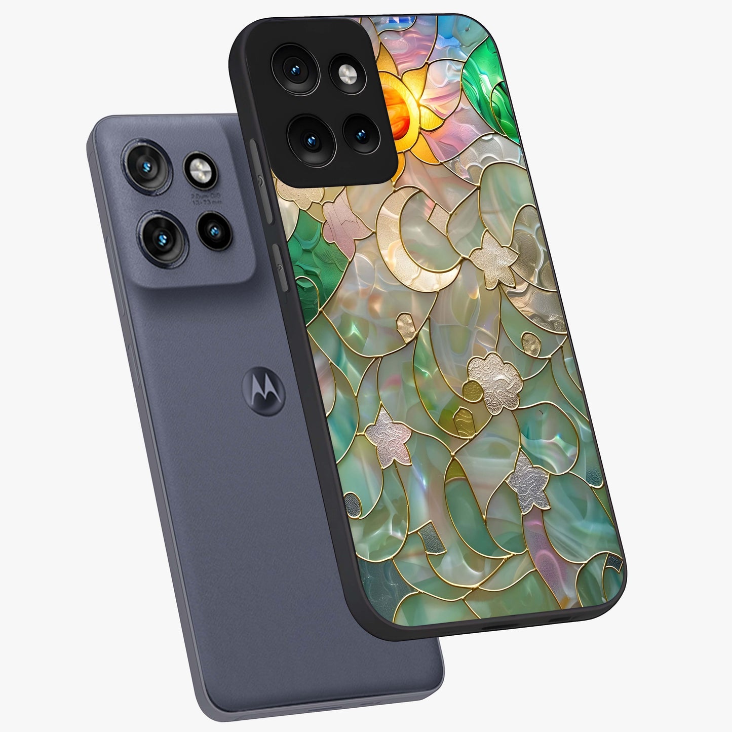 Stained Sunrise Glow Glass Case displayed in angled mockup highlighting radiant sunrise design with artistic aesthetic style.