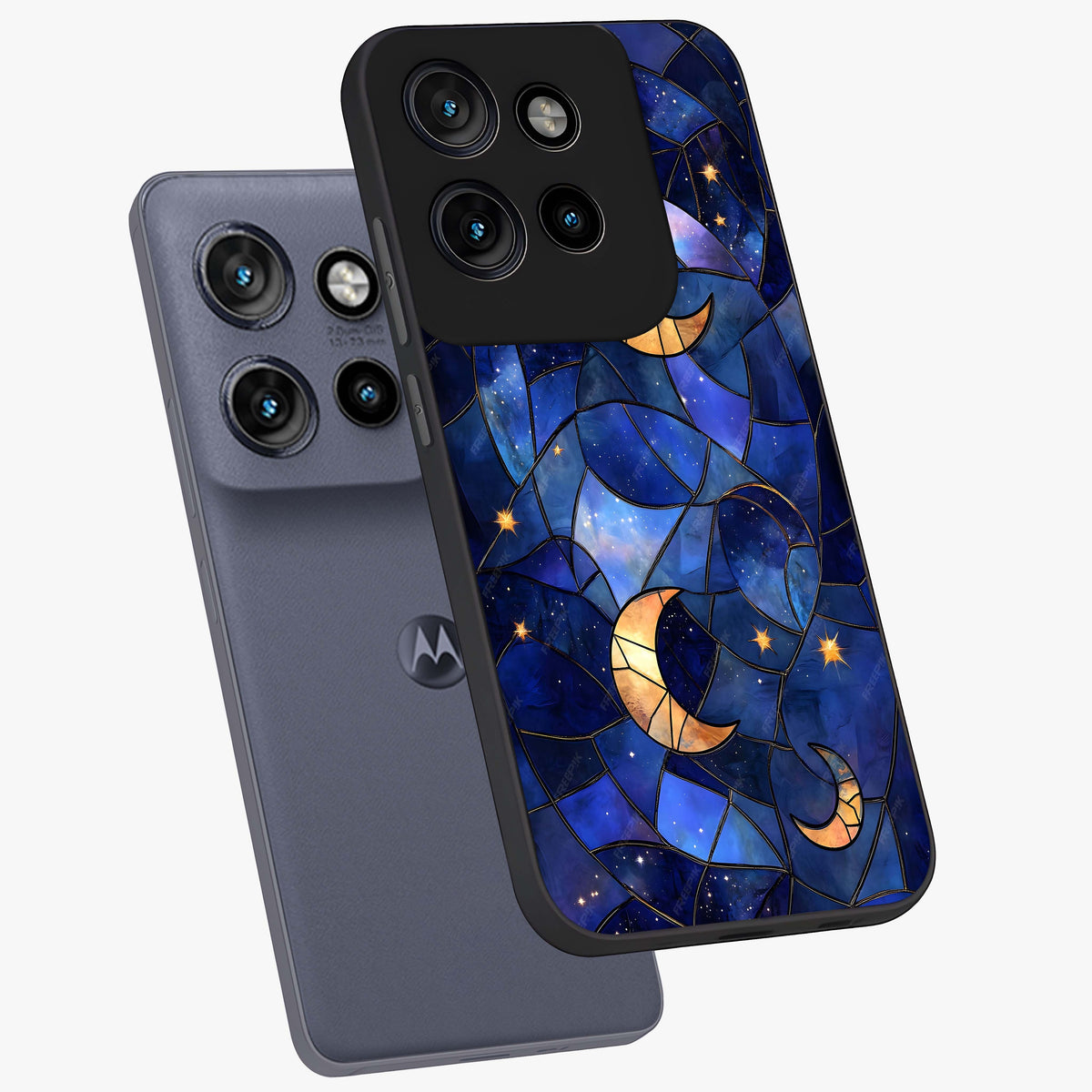 Starlit Sky Tapestry Glass Case displayed in angled mockup highlighting celestial night pattern with artistic aesthetic style.