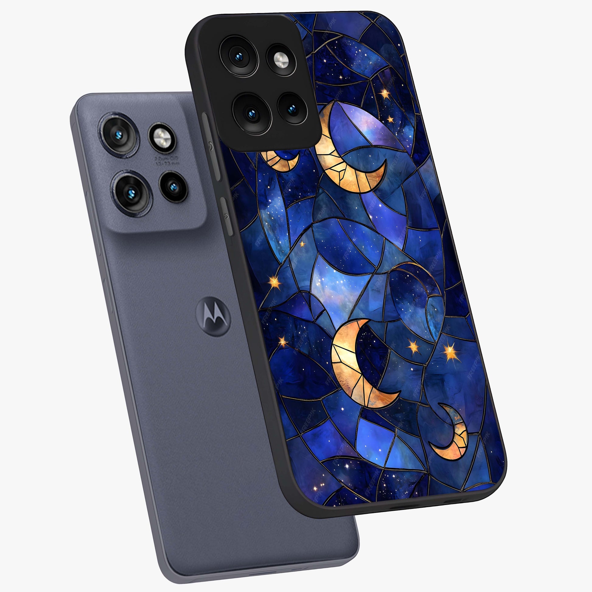 Starlit Sky Tapestry Glass Case displayed in angled mockup highlighting celestial night pattern with artistic aesthetic style.