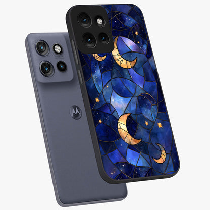 Starlit Sky Tapestry Glass Case displayed in angled mockup highlighting celestial night pattern with artistic aesthetic style.