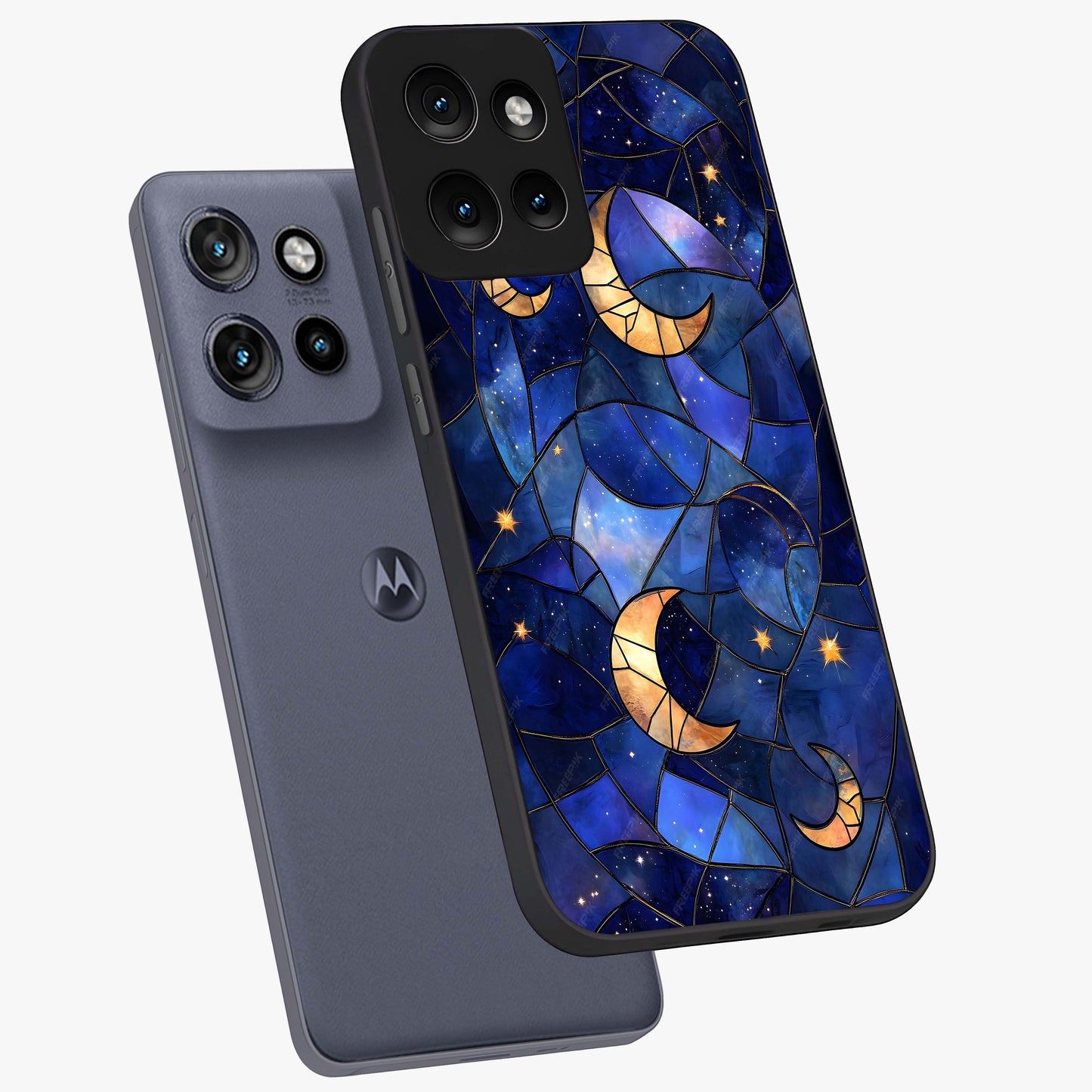 Starlit Sky Tapestry Glass Case displayed in angled mockup highlighting celestial night pattern with artistic aesthetic style.