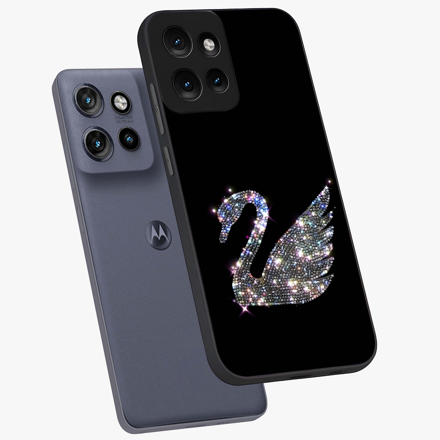 Starlit Swan Grace Glass Case displayed in angled mockup highlighting elegant swan illustration with dreamy celestial aesthetic.