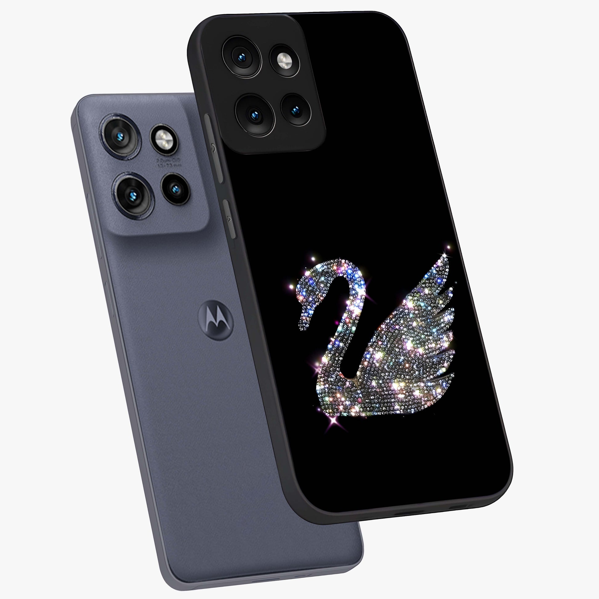 Starlit Swan Grace Glass Case displayed in angled mockup highlighting elegant swan illustration with dreamy celestial aesthetic.