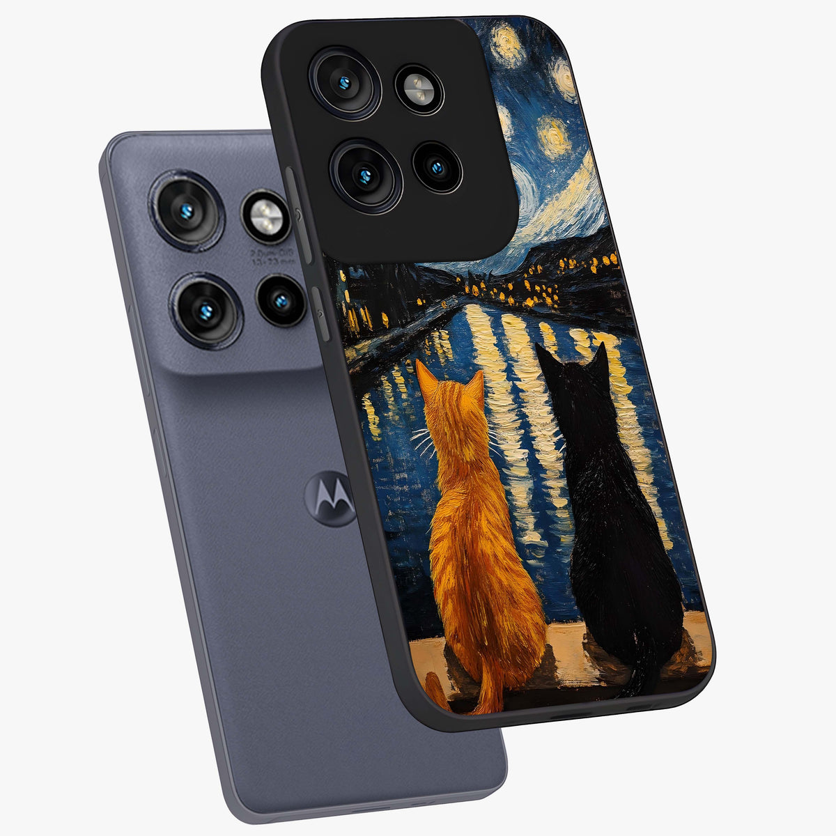 Starry River Cats Glass Case displayed in angled mockup highlighting charming feline illustration with dreamy night aesthetic.