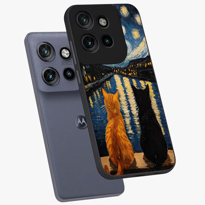 Starry River Cats Glass Case displayed in angled mockup highlighting charming feline illustration with dreamy night aesthetic.
