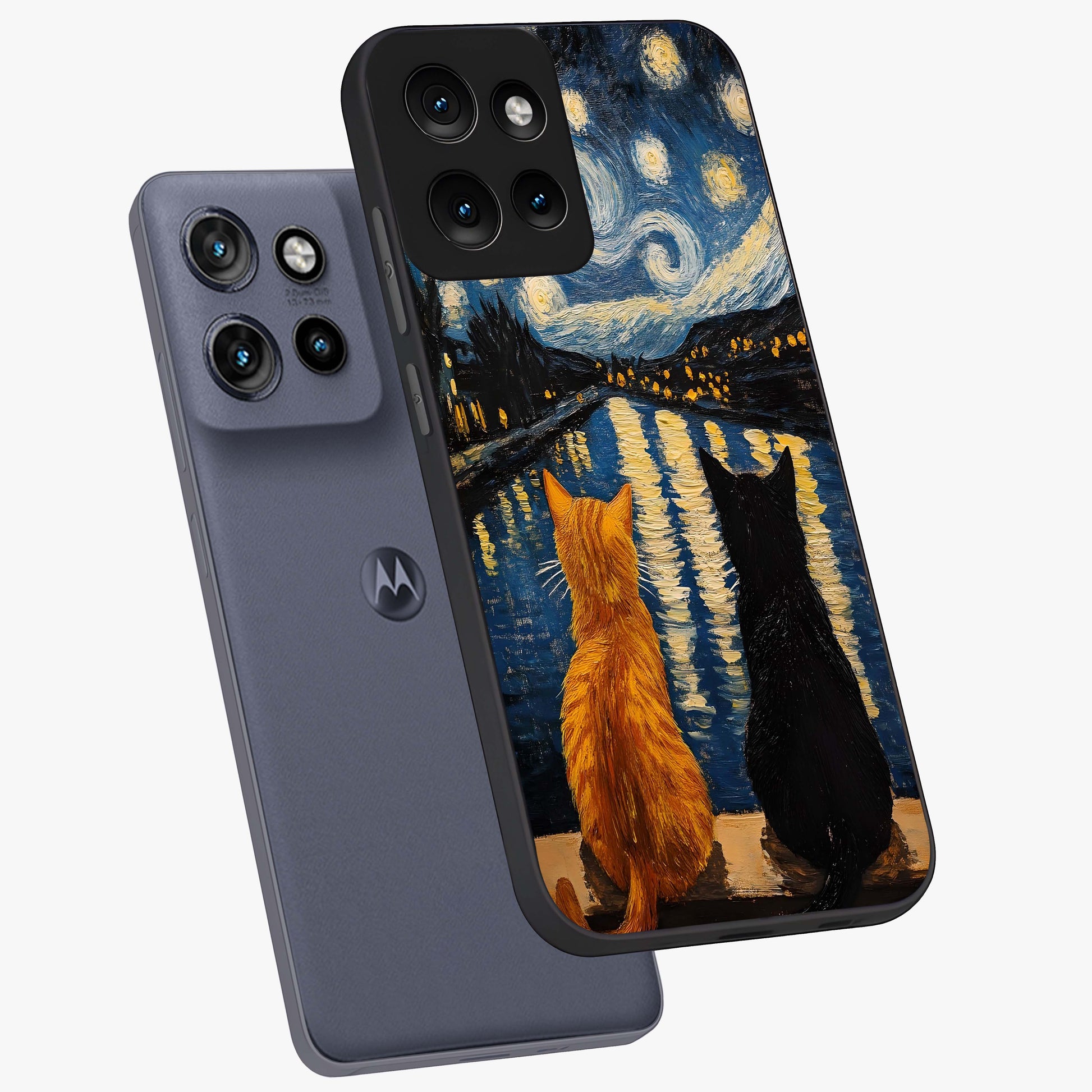 Starry River Cats Glass Case displayed in angled mockup highlighting charming feline illustration with dreamy night aesthetic.