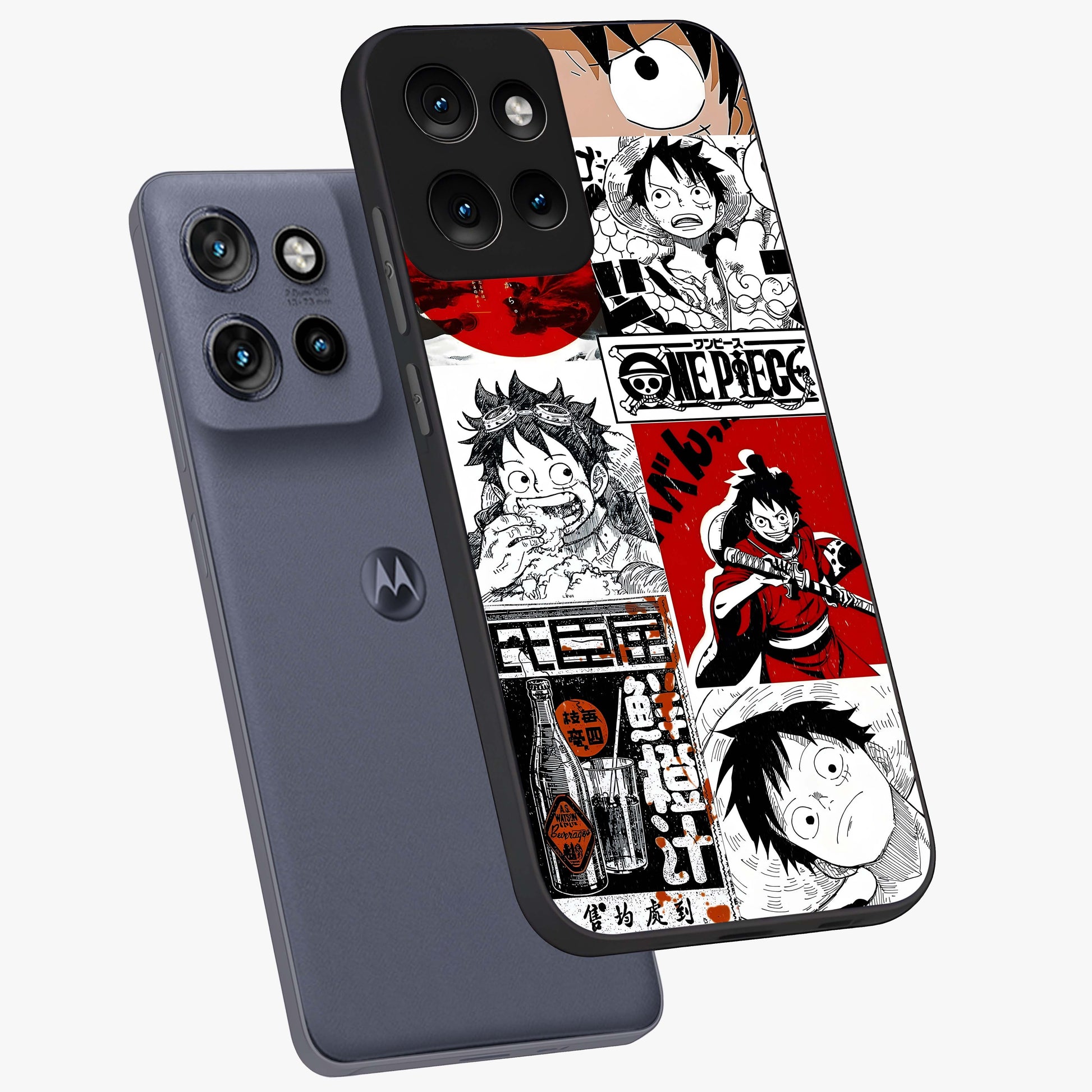 Strawhat Chaos Panels Glass Case displayed in angled mockup highlighting vibrant anime collage design with action aesthetic.