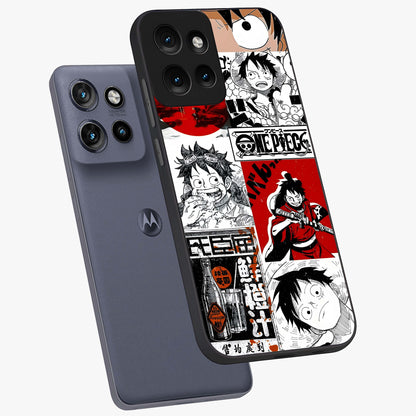 Strawhat Chaos Panels Glass Case displayed in angled mockup highlighting vibrant anime collage design with action aesthetic.