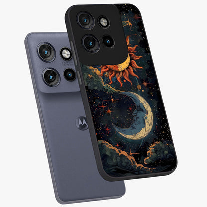 Sun And Moon Magic Design Glass Case displayed in angled mockup highlighting celestial design with magical cosmic aesthetic.