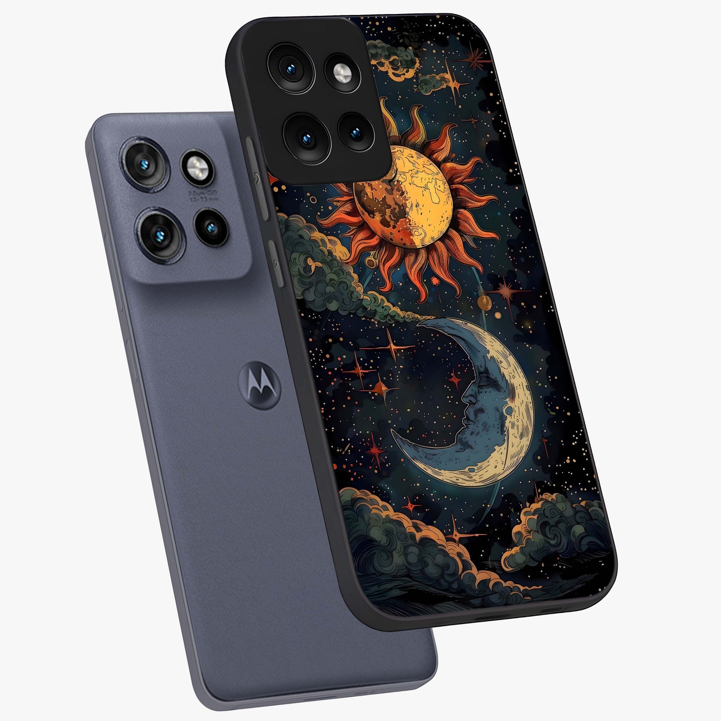 Sun And Moon Magic Design Glass Case displayed in angled mockup highlighting celestial design with magical cosmic aesthetic.