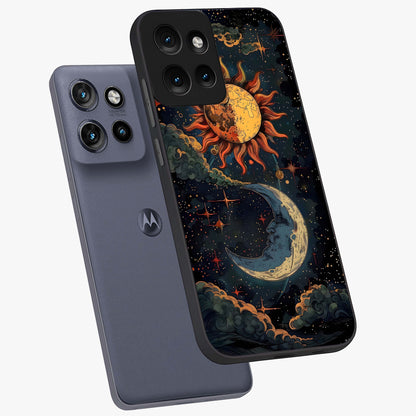 Sun And Moon Magic Design Glass Case displayed in angled mockup highlighting celestial design with magical cosmic aesthetic.