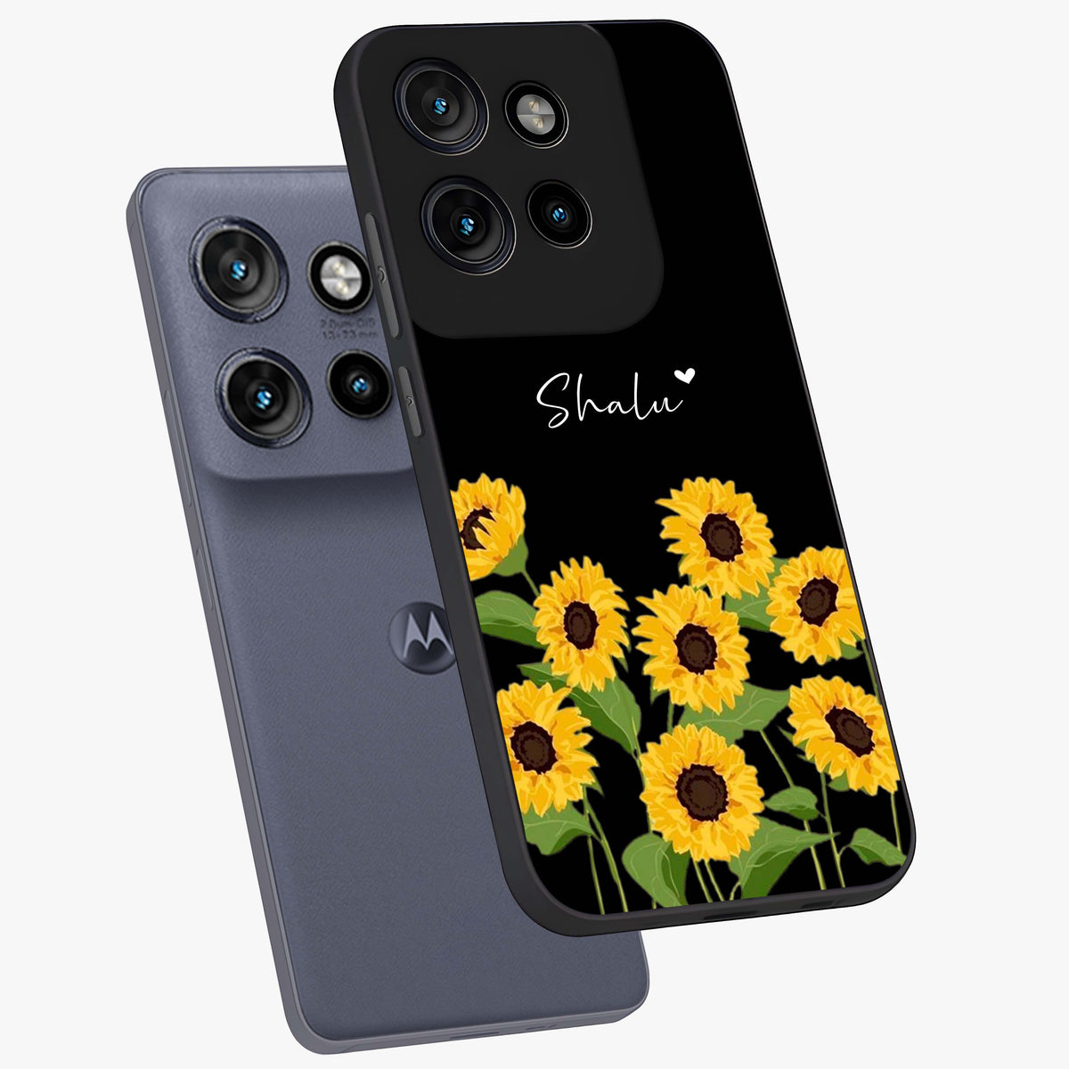 Sunflower Chic Mood Custom Name Glass Case displayed in angled mockup highlighting vibrant sunflower design with custom name feature.