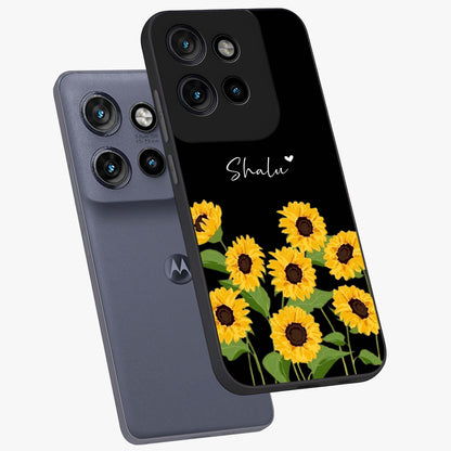 Sunflower Chic Mood Custom Name Glass Case displayed in angled mockup highlighting vibrant sunflower design with custom name feature.