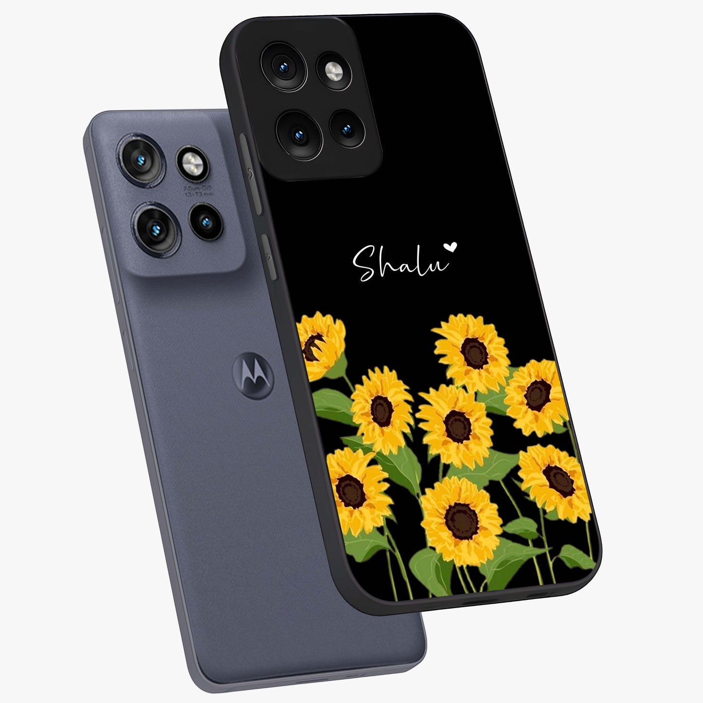 Sunflower Chic Mood Custom Name Glass Case displayed in angled mockup highlighting vibrant sunflower design with custom name feature.