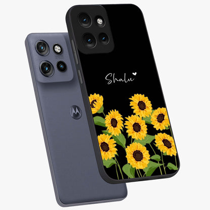 Sunflower Chic Mood Custom Name Glass Case displayed in angled mockup highlighting vibrant sunflower design with custom name feature.
