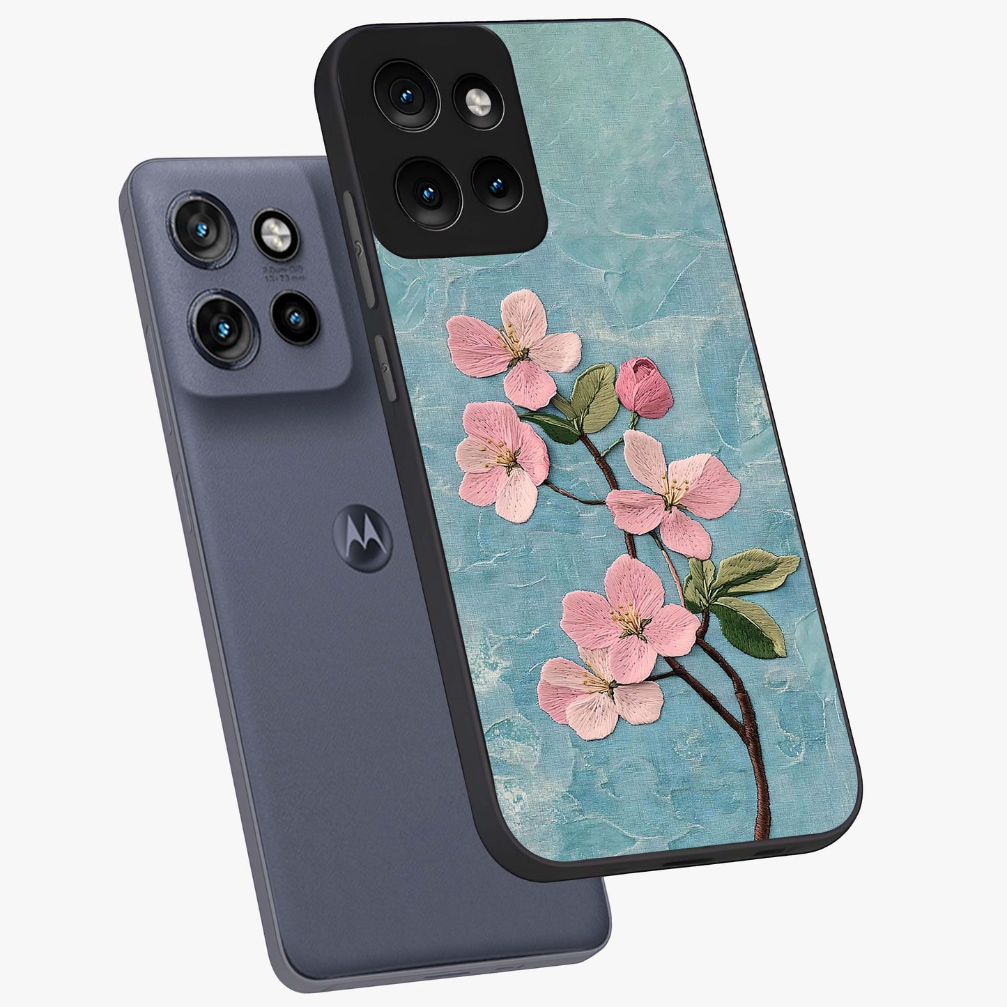 Threaded Blossom Breeze Glass Case displayed in angled mockup highlighting elegant floral design with soft aesthetic style.