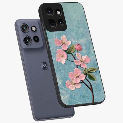 Threaded Blossom Breeze Glass Case displayed in angled mockup highlighting elegant floral design with soft aesthetic style.