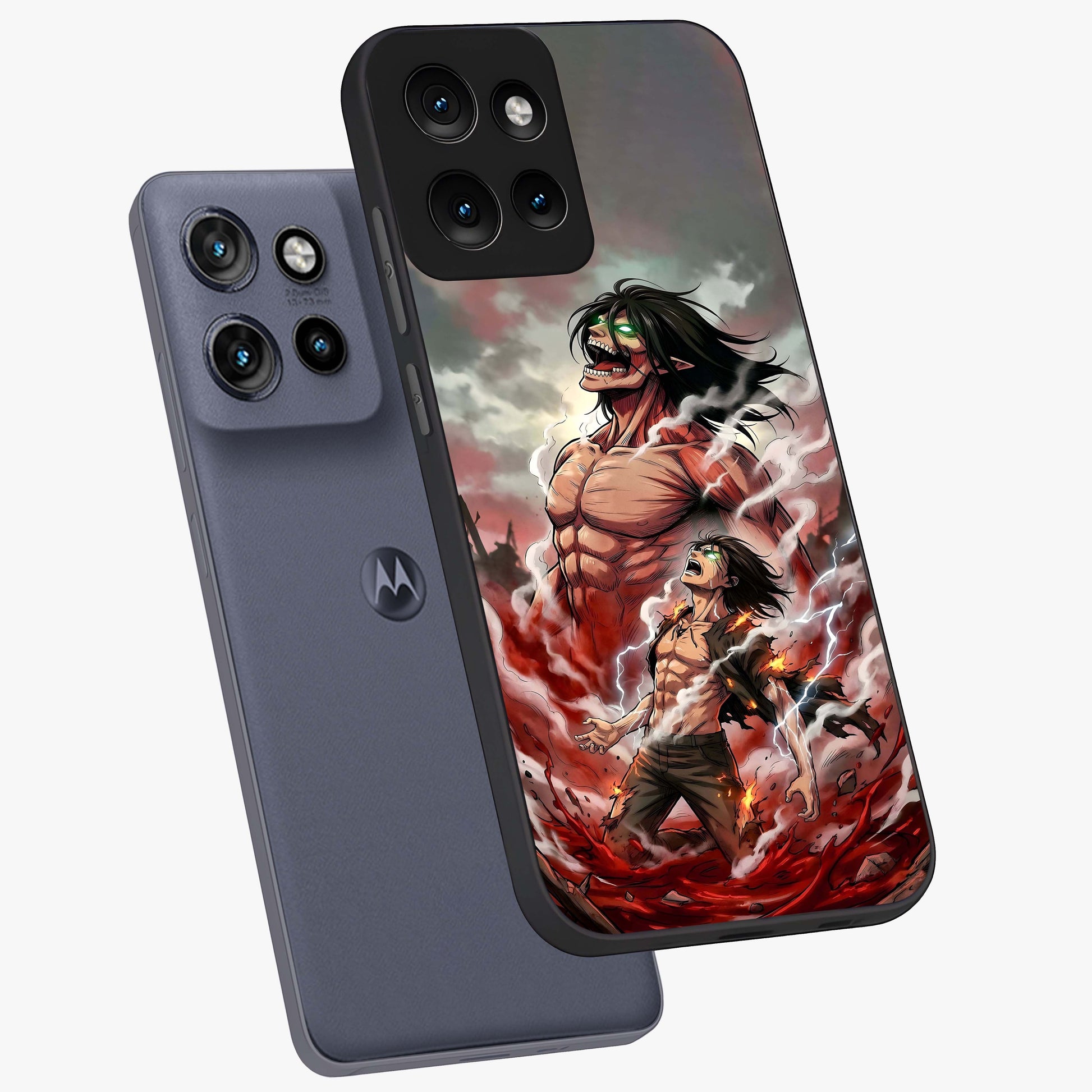 Titan Awakening Fury Glass Case displayed in angled mockup highlighting dramatic giant warrior design with bold anime aesthetic.