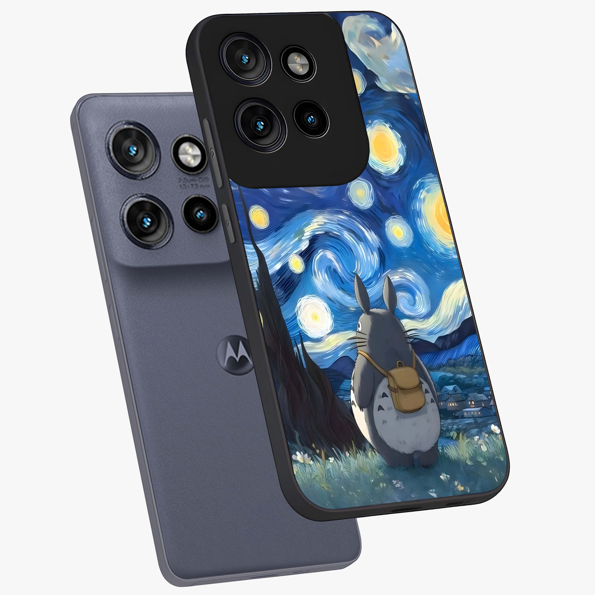 Totoro In Van Gogh Art Glass Case displayed in angled mockup highlighting artistic swirling sky design with playful animation aesthetic.
