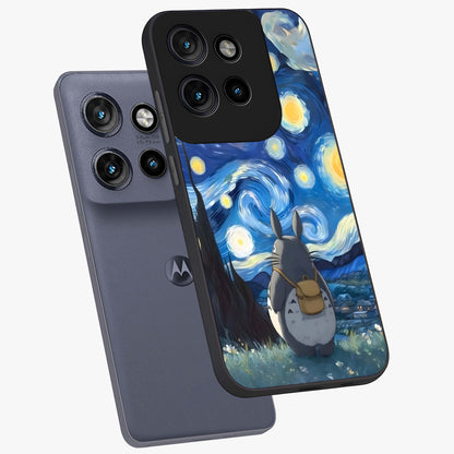 Totoro In Van Gogh Art Glass Case displayed in angled mockup highlighting artistic swirling sky design with playful animation aesthetic.