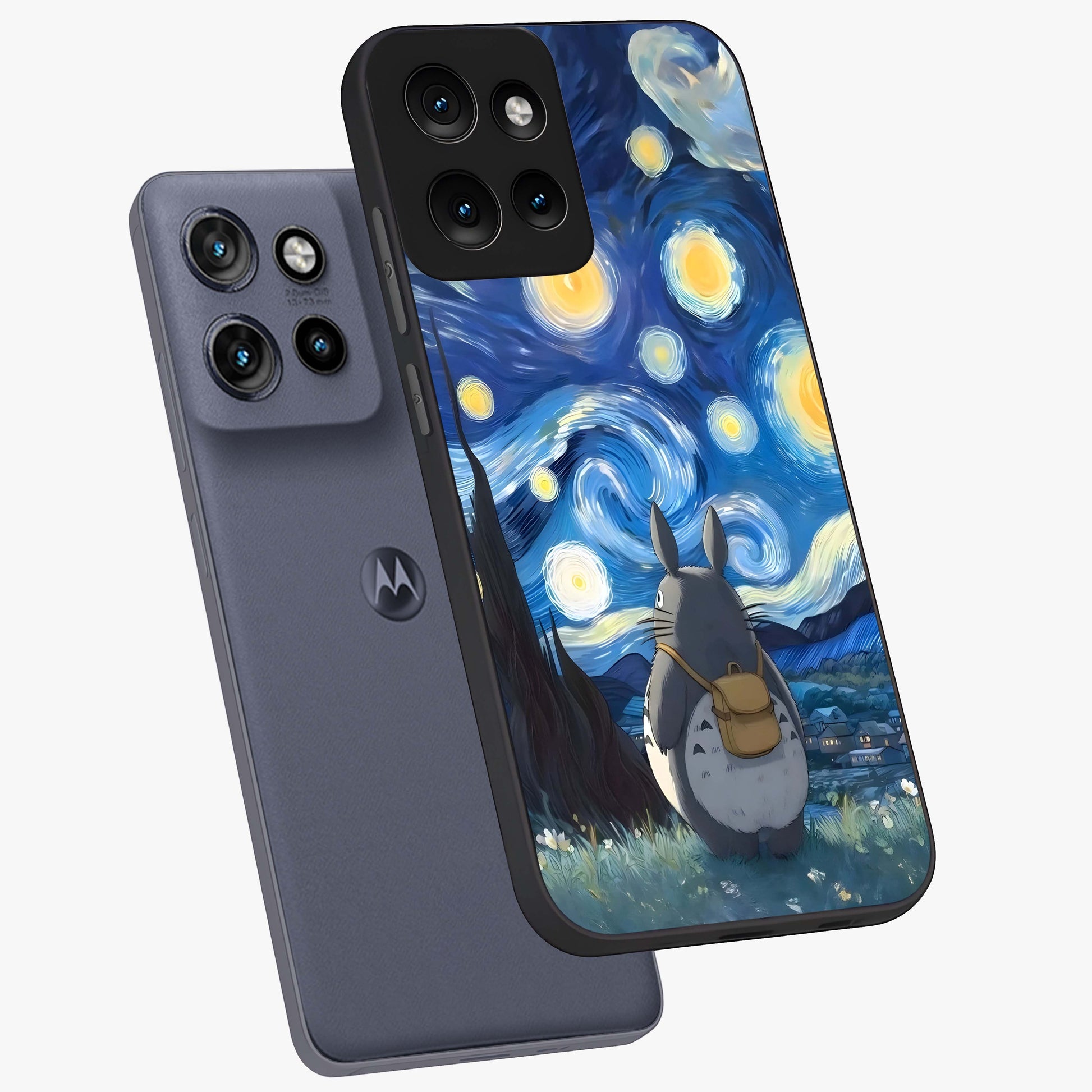 Totoro In Van Gogh Art Glass Case displayed in angled mockup highlighting artistic swirling sky design with playful animation aesthetic.