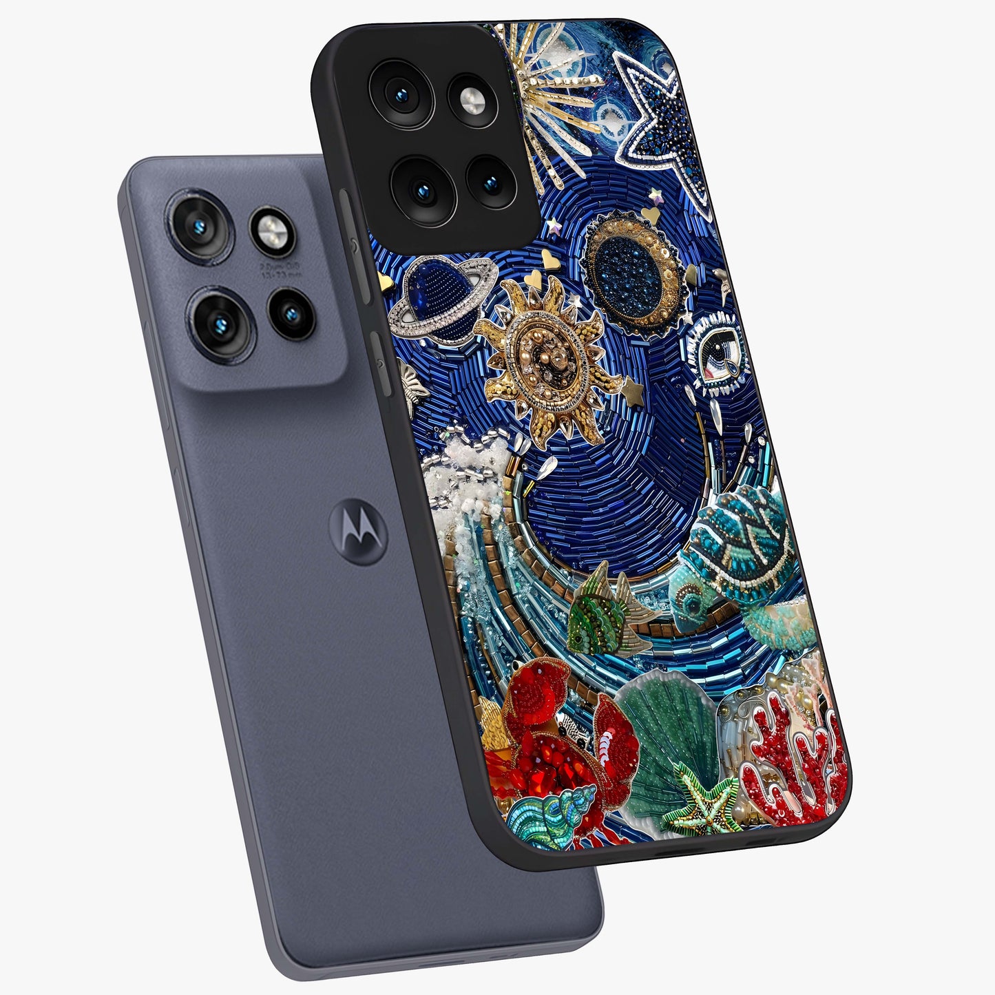 Universe Underwater Spark Glass Case displayed in angled mockup highlighting glowing aquatic design with celestial aesthetic.