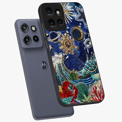 Universe Underwater Spark Glass Case displayed in angled mockup highlighting glowing aquatic design with celestial aesthetic.