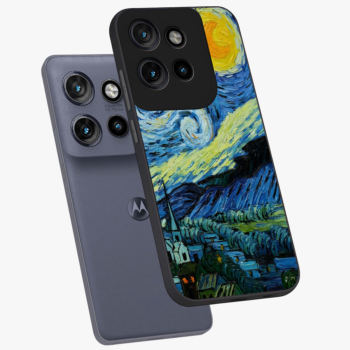 Van Gogh Art Glass Case displayed in angled mockup highlighting swirling brushstroke design with artistic aesthetic.
