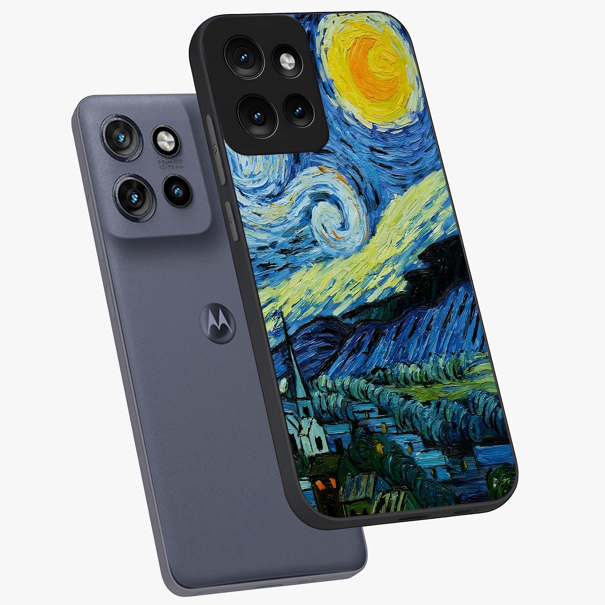 Van Gogh Art Glass Case displayed in angled mockup highlighting swirling brushstroke design with artistic aesthetic.