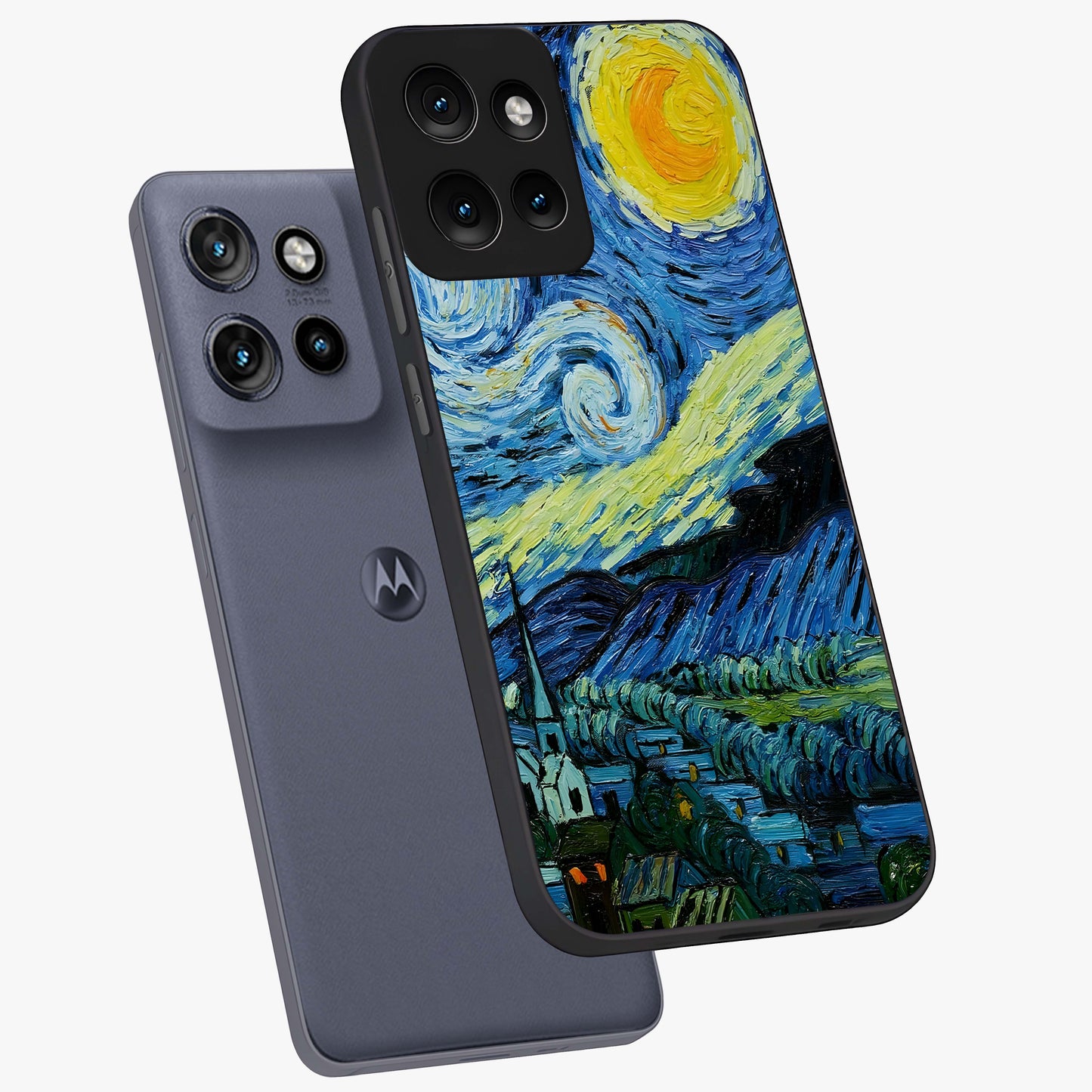 Van Gogh Art Glass Case displayed in angled mockup highlighting swirling brushstroke design with artistic aesthetic.