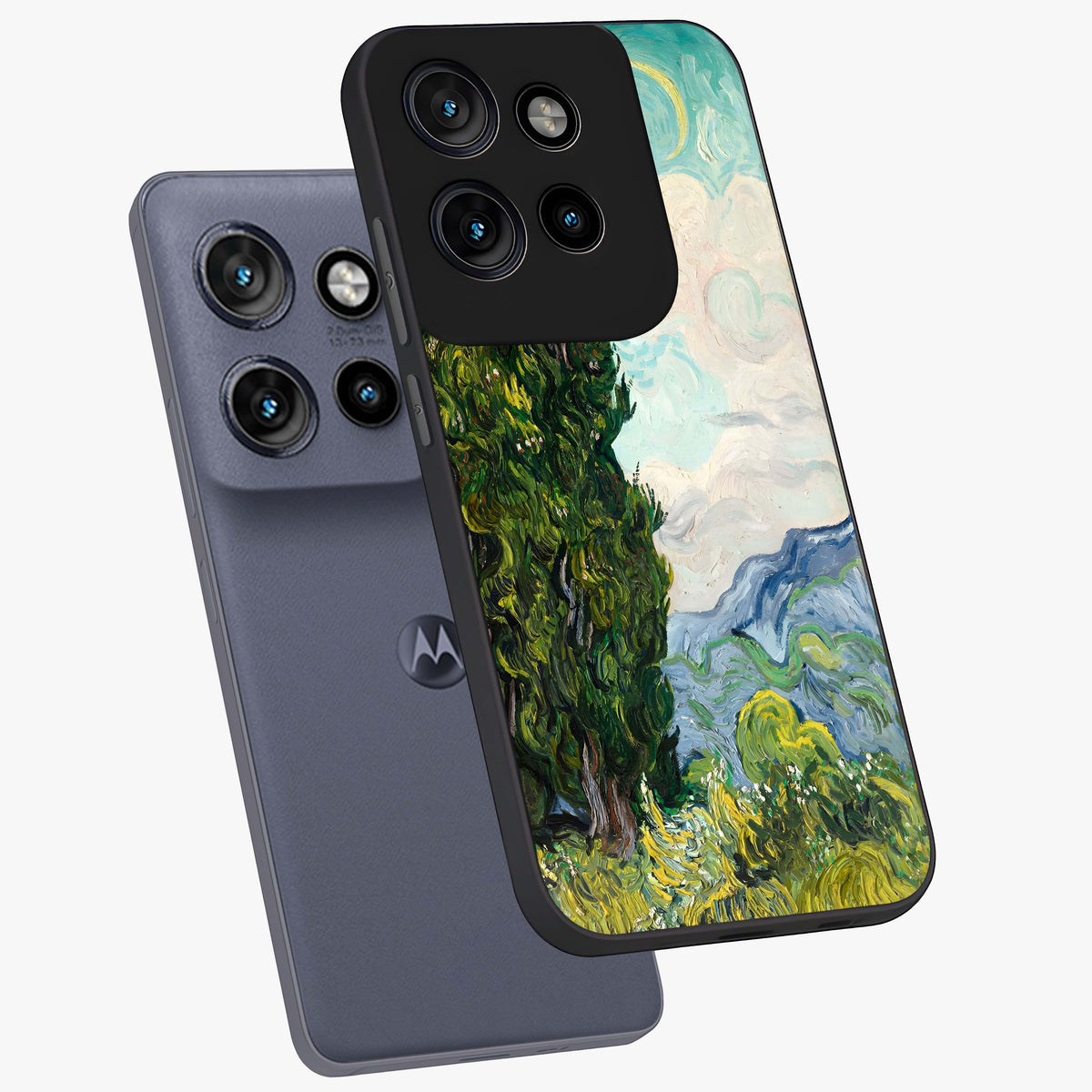 Van Gogh Vintage Art Glass Case displayed in angled mockup highlighting textured brushstroke design with classic aesthetic.