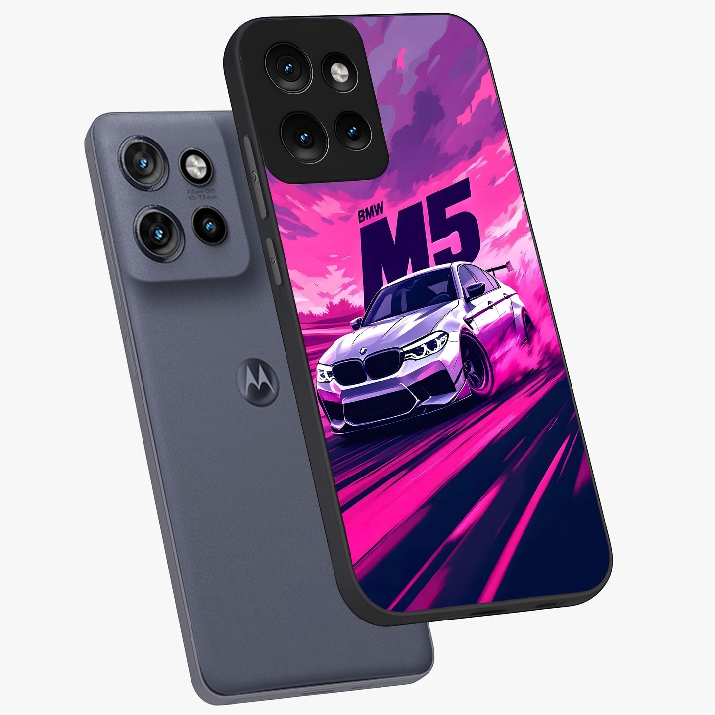 Velocity Drift Pulse Glass Case displayed in angled mockup highlighting dynamic drift design with sporty automotive aesthetic.