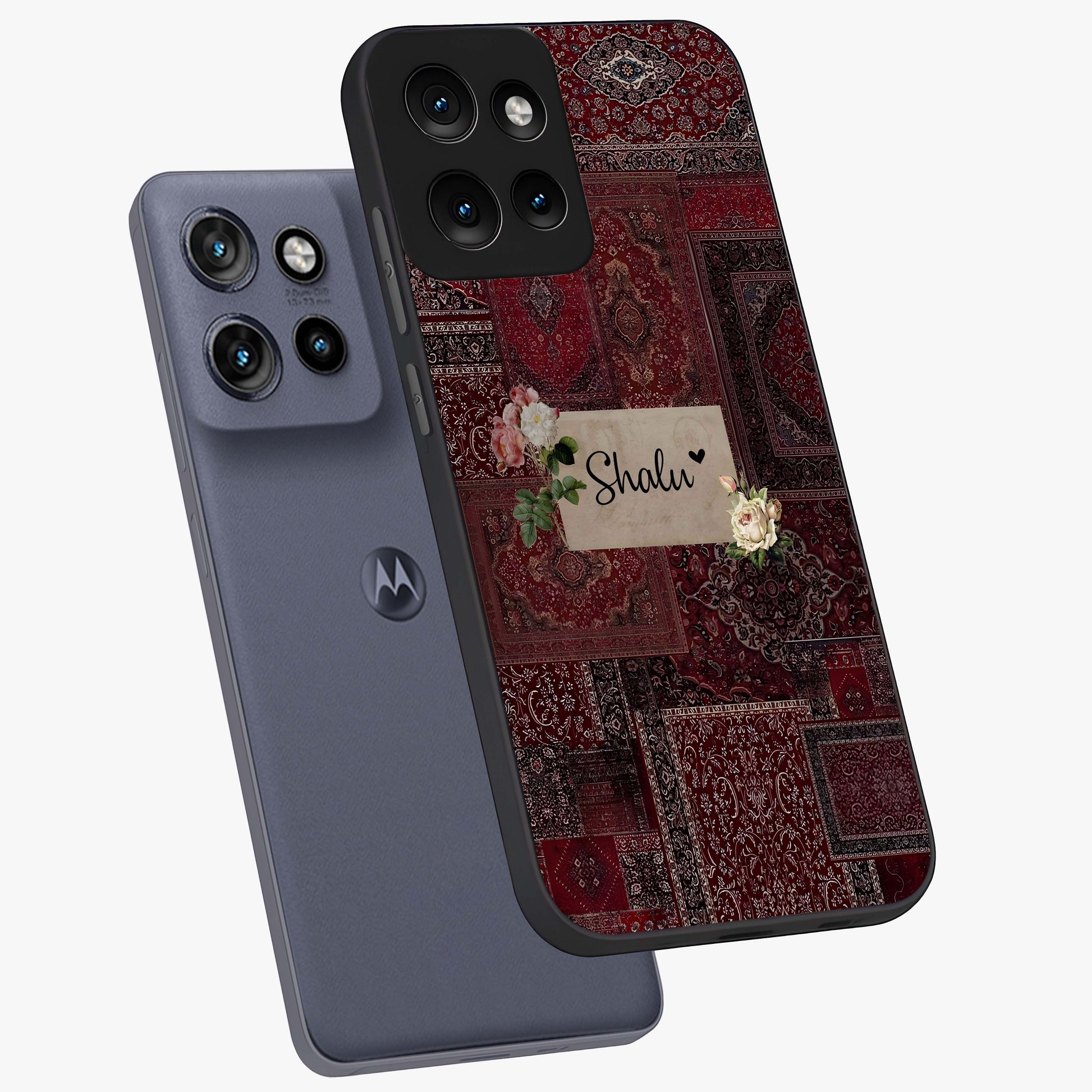 Velvet Wine Pattern Custom Name Glass Case displayed in angled mockup highlighting decorative velvet inspired design with custom name feature.